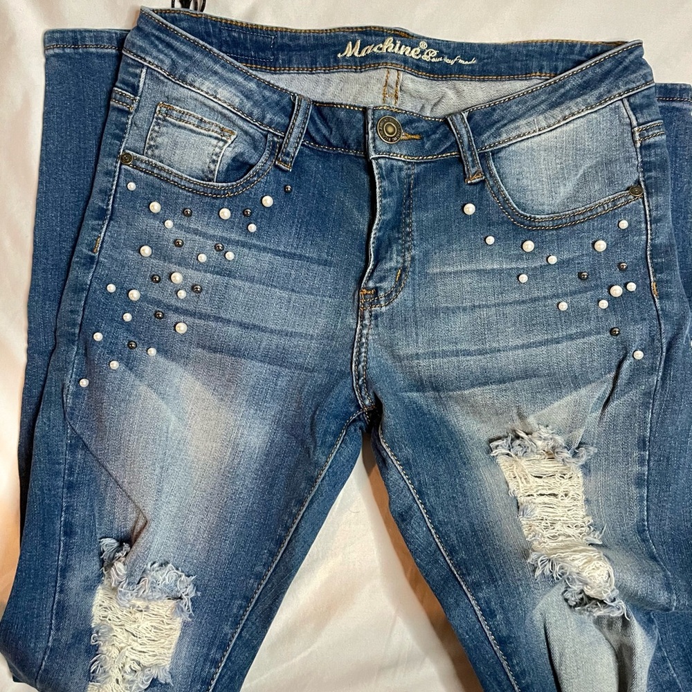 Machine Blue Skinny Jeans with Distressing and Embellishments